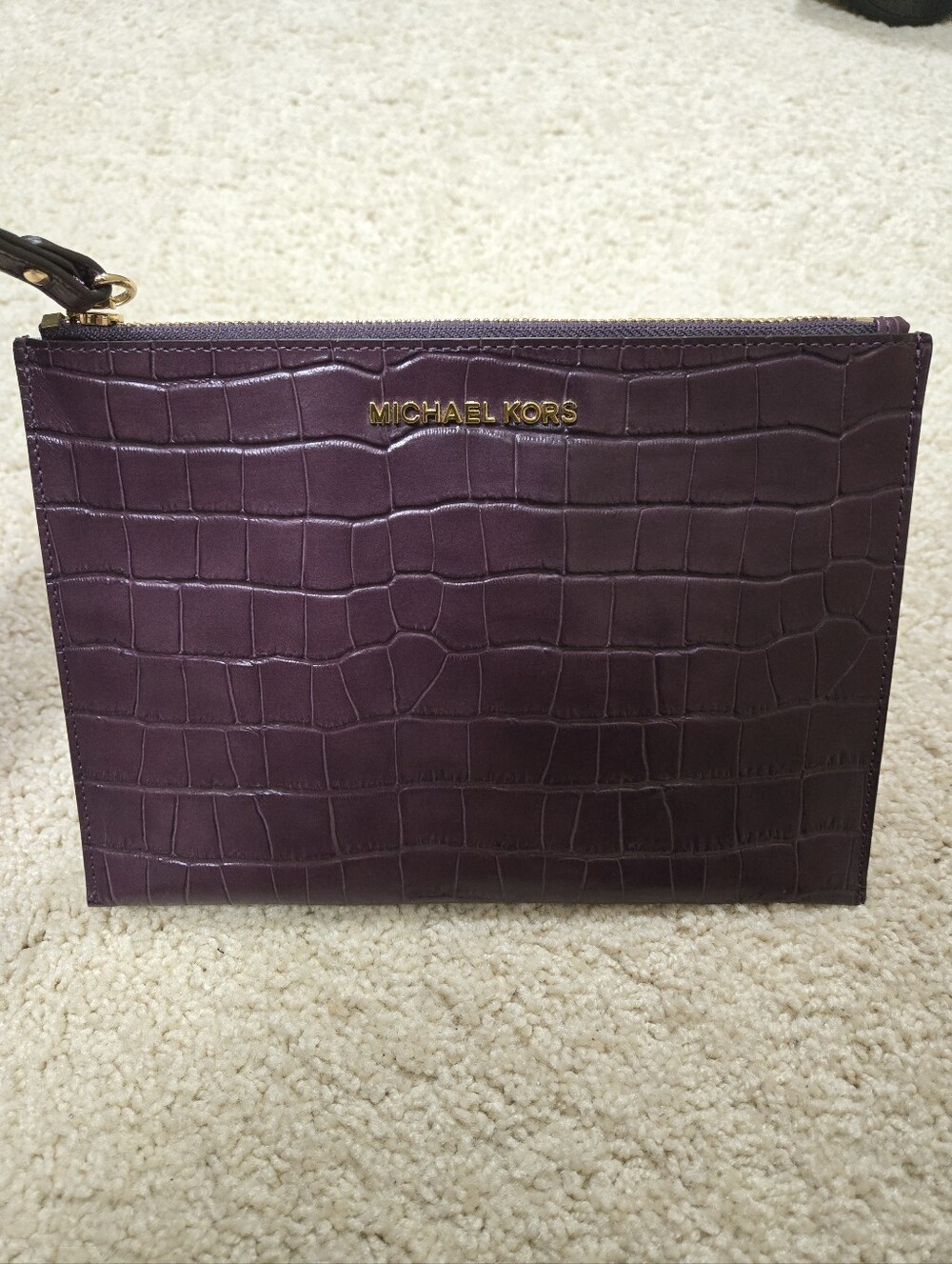 Michael Kors Plum Croc-Embossed Leather Pouch with Wrist Strap